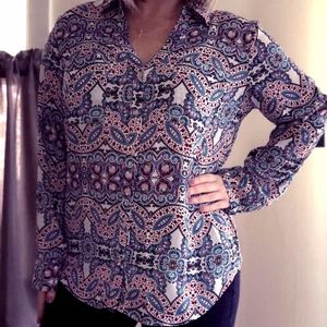Express Paisley Long Sleeve Button Down Blouse